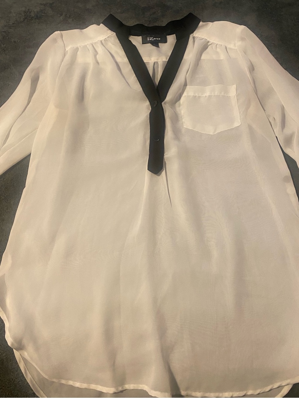 Iz Byer White Sheer Button-Down Shirt with Black Trim